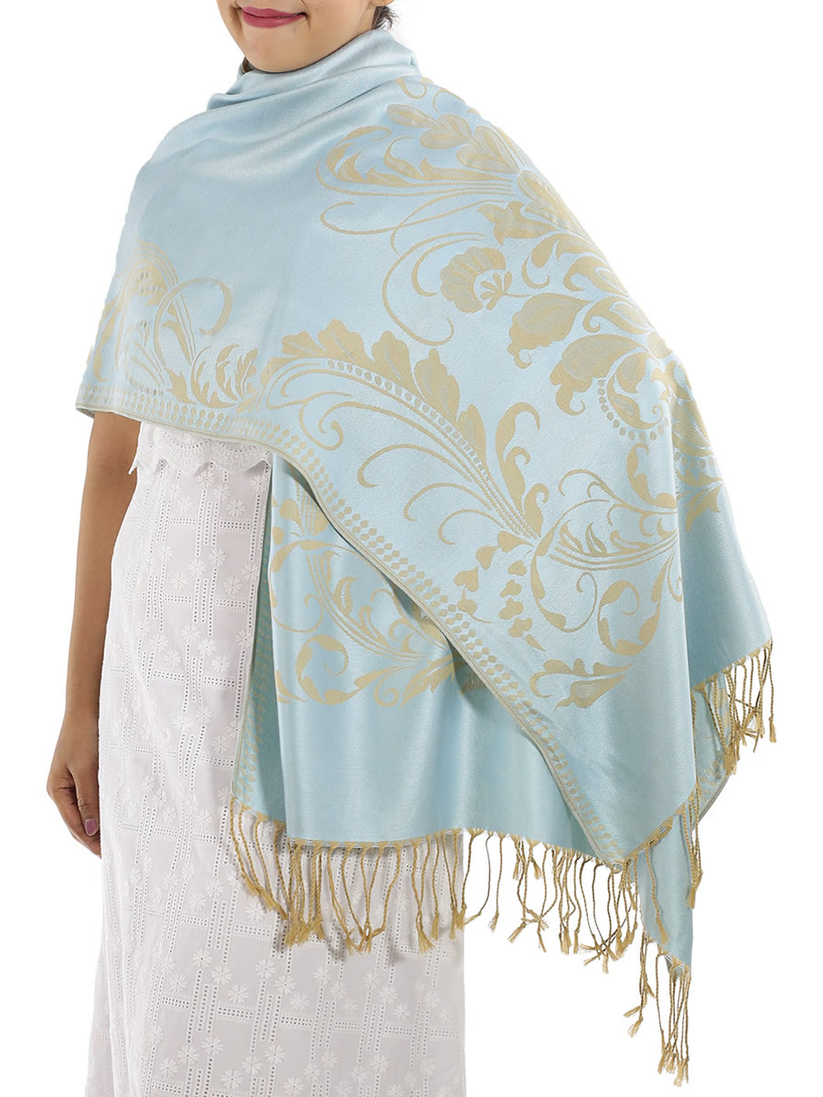 Patterned Silvery Blue Pashmina Shawls: image 4